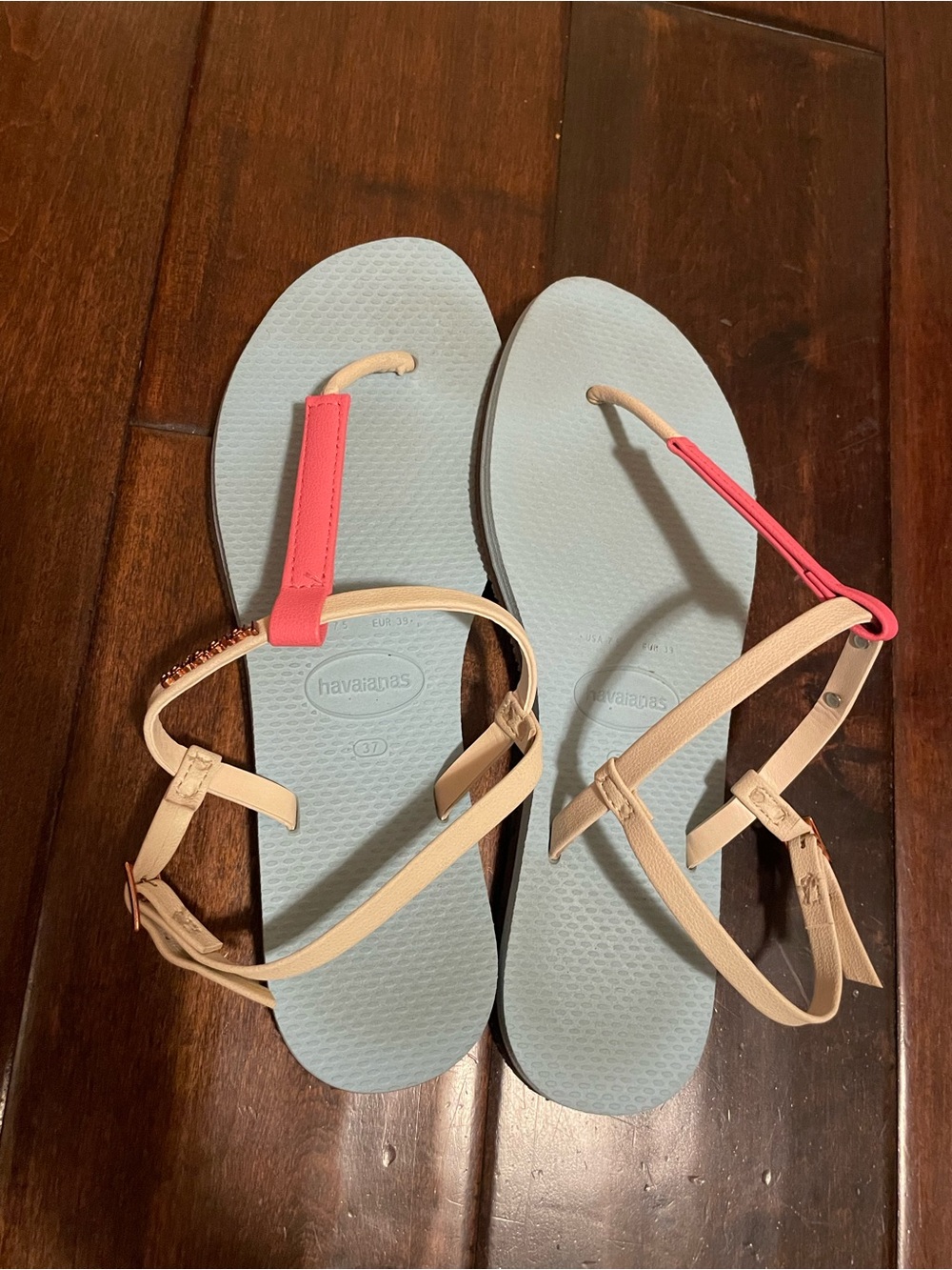 Havaianas Women's Light Blue Footbed with Pink and Beige Strap Sandals SZ 7.5